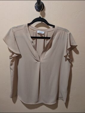 EUC Calvin Klein Women's Beige/Tan Flutter Sleeve V-Neck Blouse Large